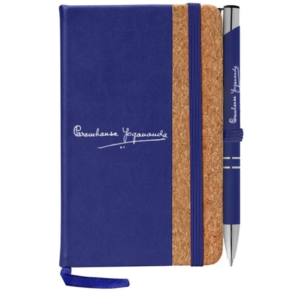 Taccuino royal blu e sughero con raffinata penna "Paramhansa Yogananda"