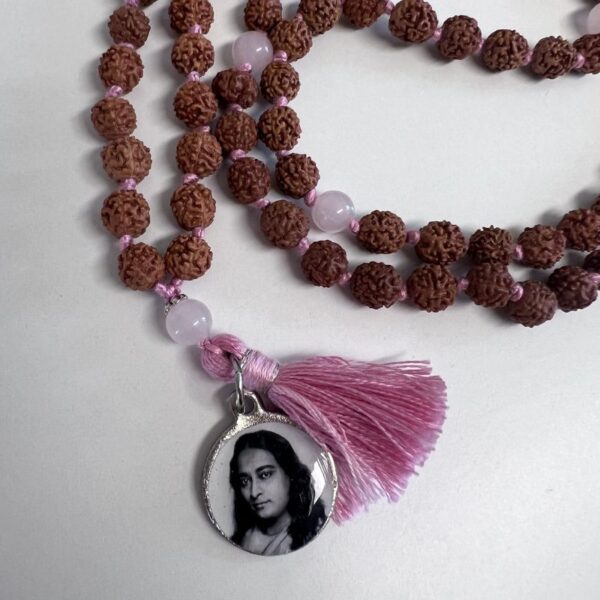 Kriya Mala Yogananda Indiano di Rudraksha e Quarzo Rosa