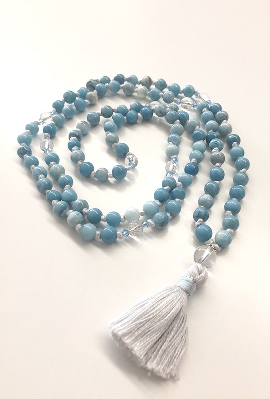 Serenità Celestiale - Kriya Mala con Quarzo Larimar, Cristallo di Rocca e Cristalli