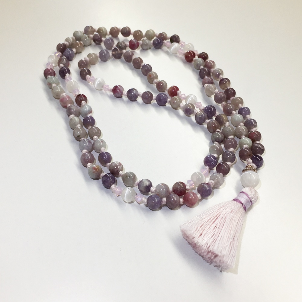 Pace Lunare - Kriya Mala con tormalina rosa/viola, selenite e cristalli